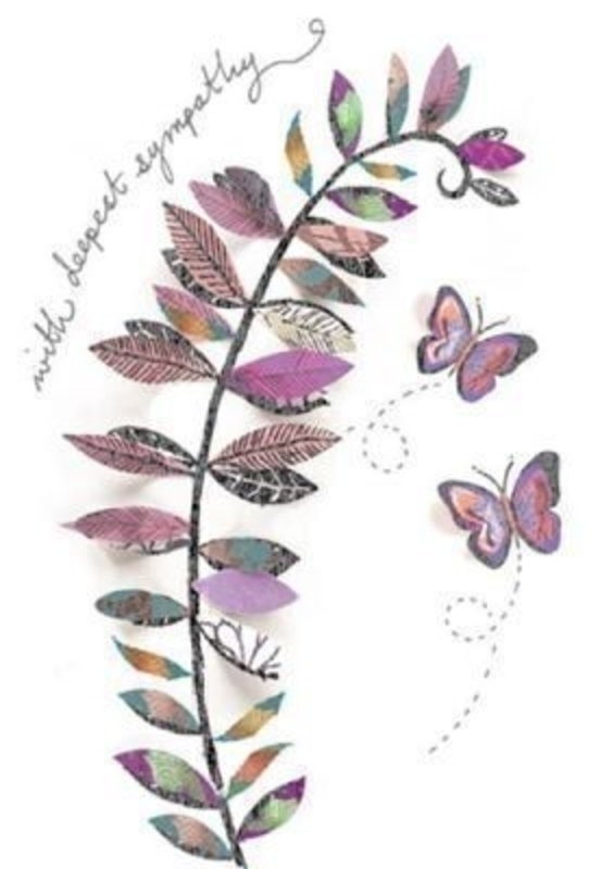 Sympathy Card Butterflies by Artisan. 'With deepest sympathy' on the front with picture of leaves and butterflies. 'Thinking of you at this time of sorrow' on the inside. Comes with a purple envelope. Size 17x12cm